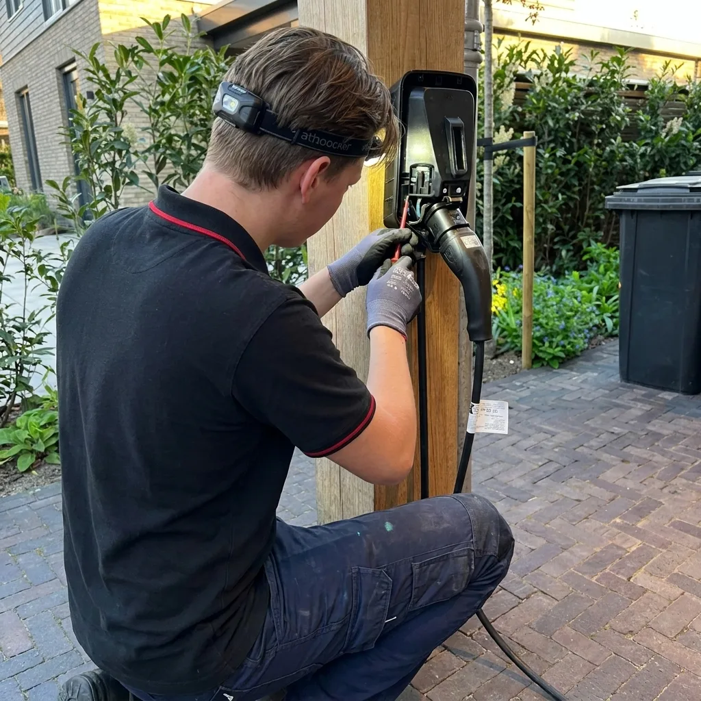 Nick Nieuwendijk monteert een laadpunt aan een houten paal